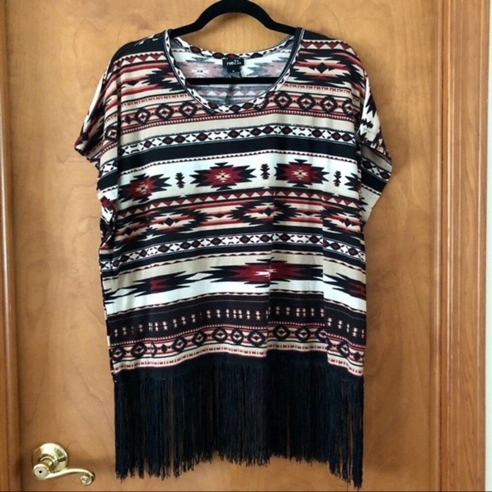 Rue 21 Southwestern Print Boxy Fringe Top Size Medium Boho Western Festival
